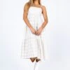 Princess Polly Nicola Midi Dress Beige / White -Princess Polly Sales Store 1 modelinfo Josie us4 414ed752 169a 4a2e a156 53513f1a47de