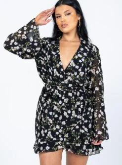 Princess Polly Marty Long Sleeve Mini Dress Black Floral
