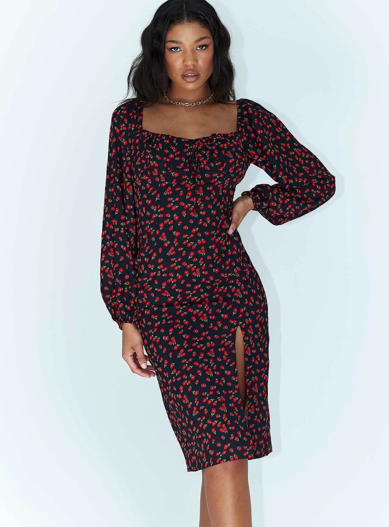 Princess Polly Ezra Long Sleeve Midi Dress Black / Red 1 Princess Polly Ezra Long Sleeve Midi Dress Black / Red