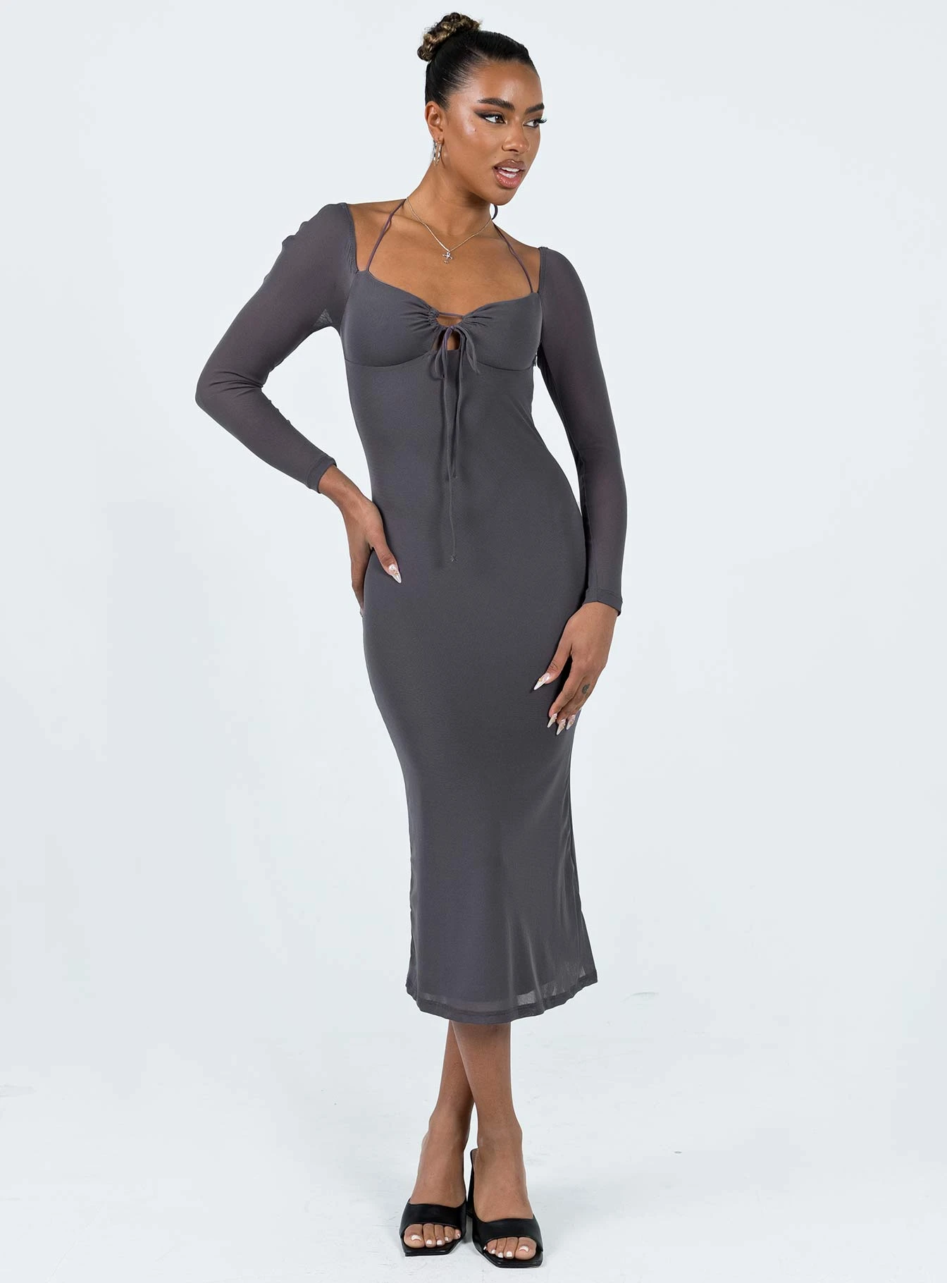 Princess Polly Fowlers Long Sleeve Midi Dress Slate 1 Princess Polly Fowlers Long Sleeve Midi Dress Slate