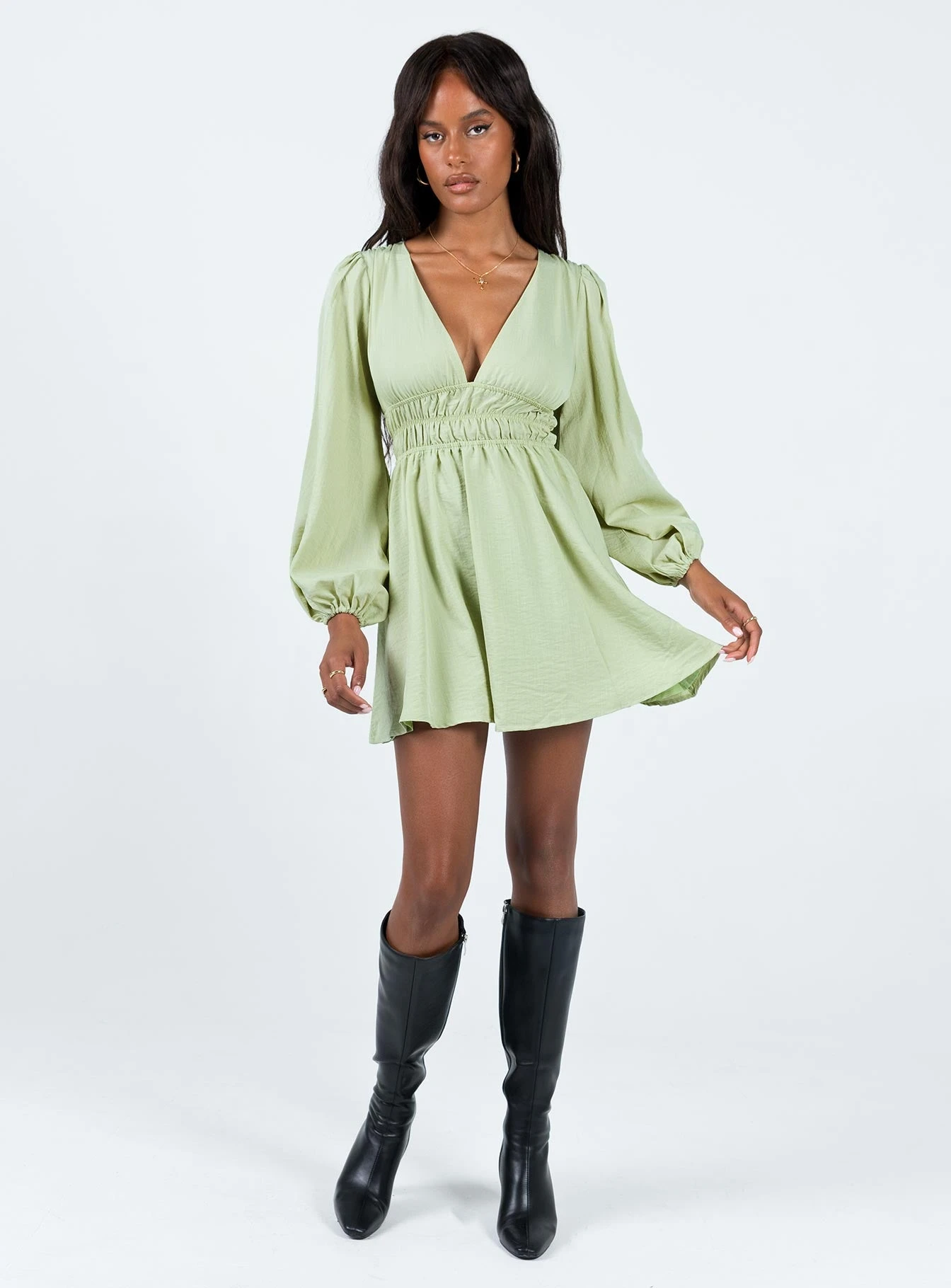 Princess Polly Marsia Long Sleeve Mini Dress Sage 2 Princess Polly Marsia Long Sleeve Mini Dress Sage - Image 2