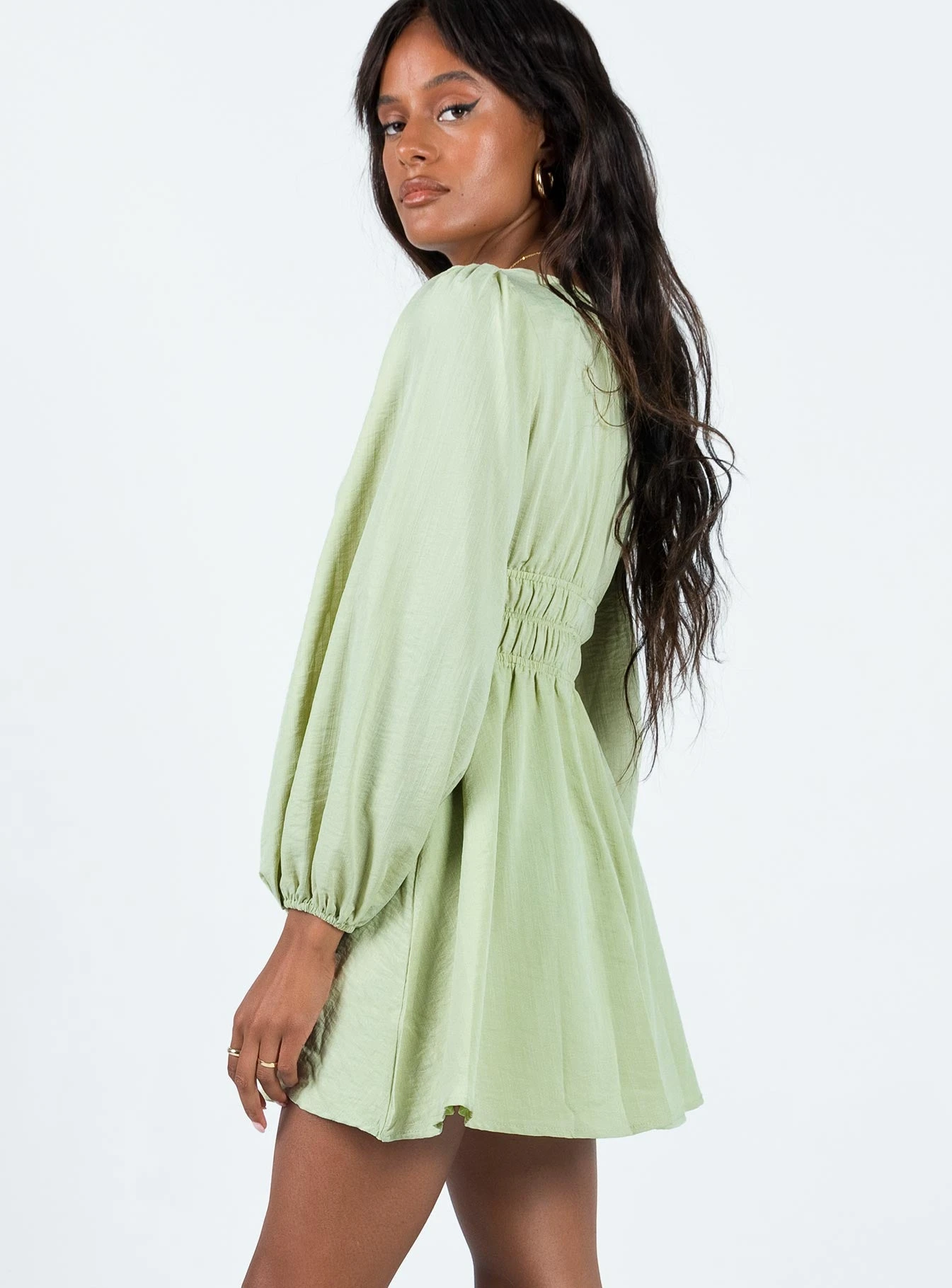 Princess Polly Marsia Long Sleeve Mini Dress Sage 3 Princess Polly Marsia Long Sleeve Mini Dress Sage - Image 3