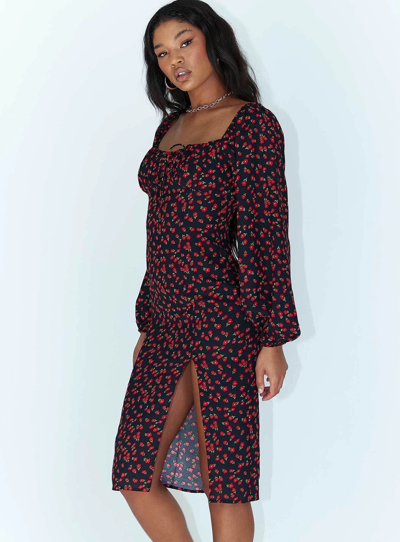 Princess Polly Ezra Long Sleeve Midi Dress Black / Red 3 Princess Polly Ezra Long Sleeve Midi Dress Black / Red - Image 3