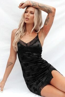 Motel Coti Mini Dress Black Rose Flock -Princess Polly Sales Store MotelCotiMiniDressBlackRoseFlock 3